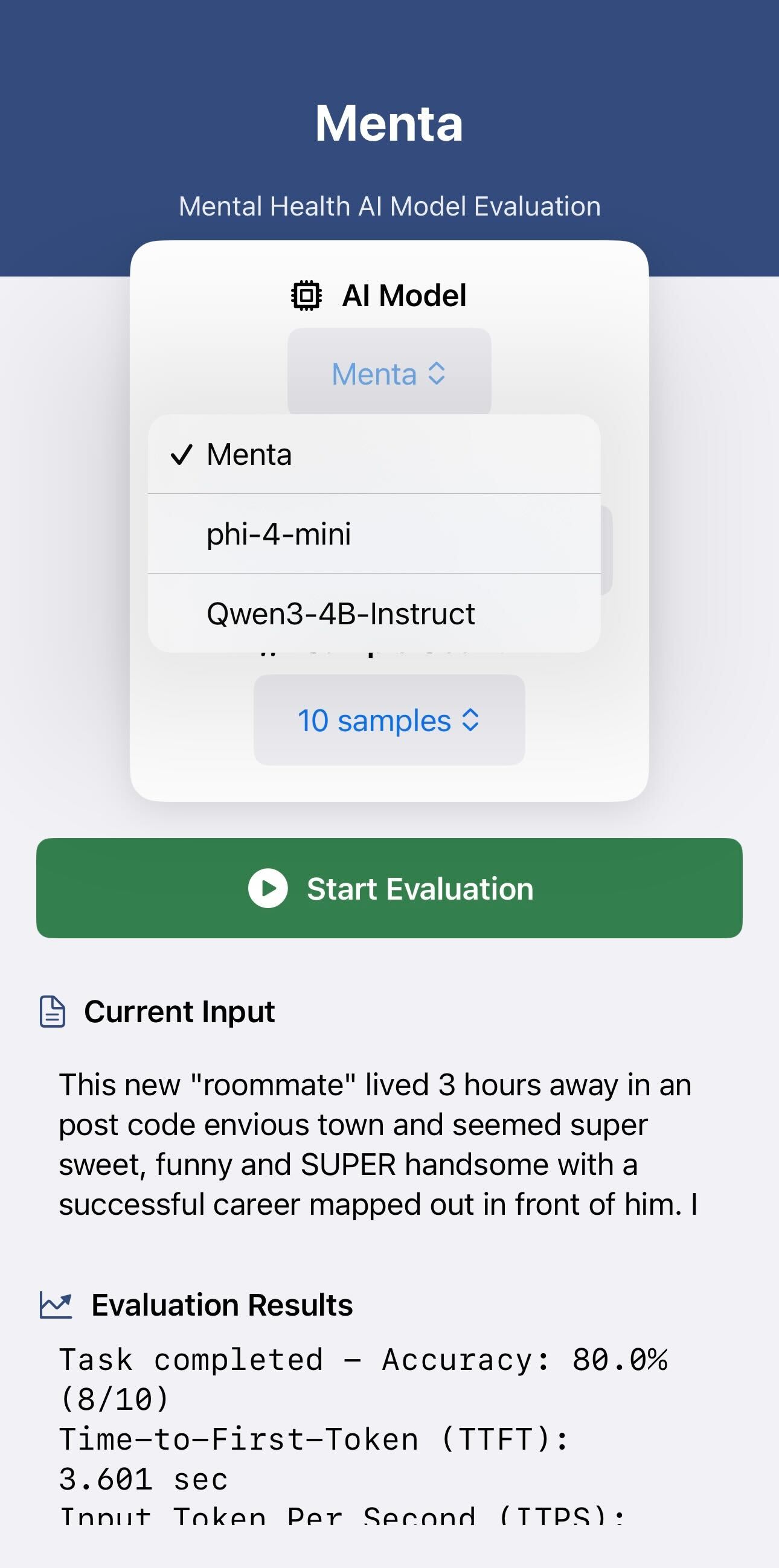 Menta mobile UI – model selection